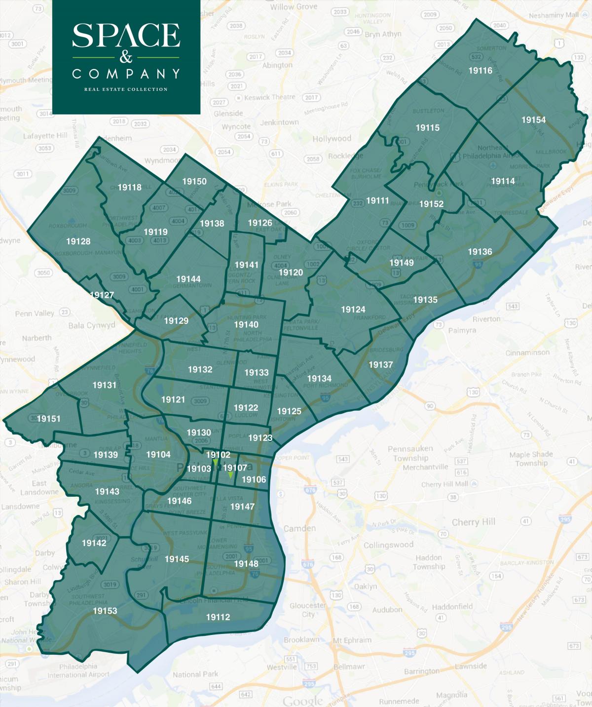 kartta Philadelphian lähiöissä ja postinumerot